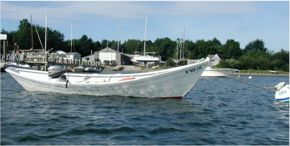 Picture of traditional dory with a motor installed.